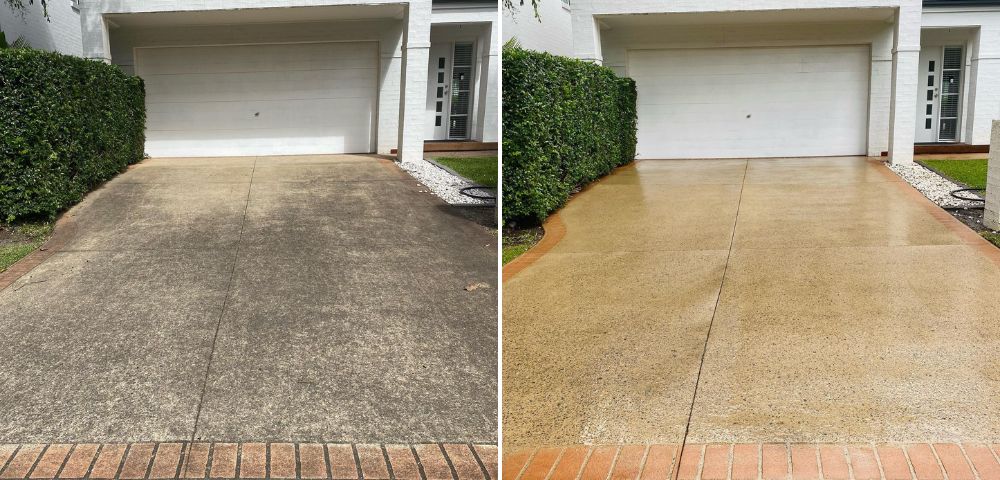 Concrete driveway before and after cleaning